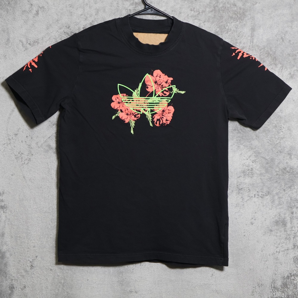 Adidas T-Shirt Mens Large Black Pink Green Floral Trefoil Graphic Casual GJ7769